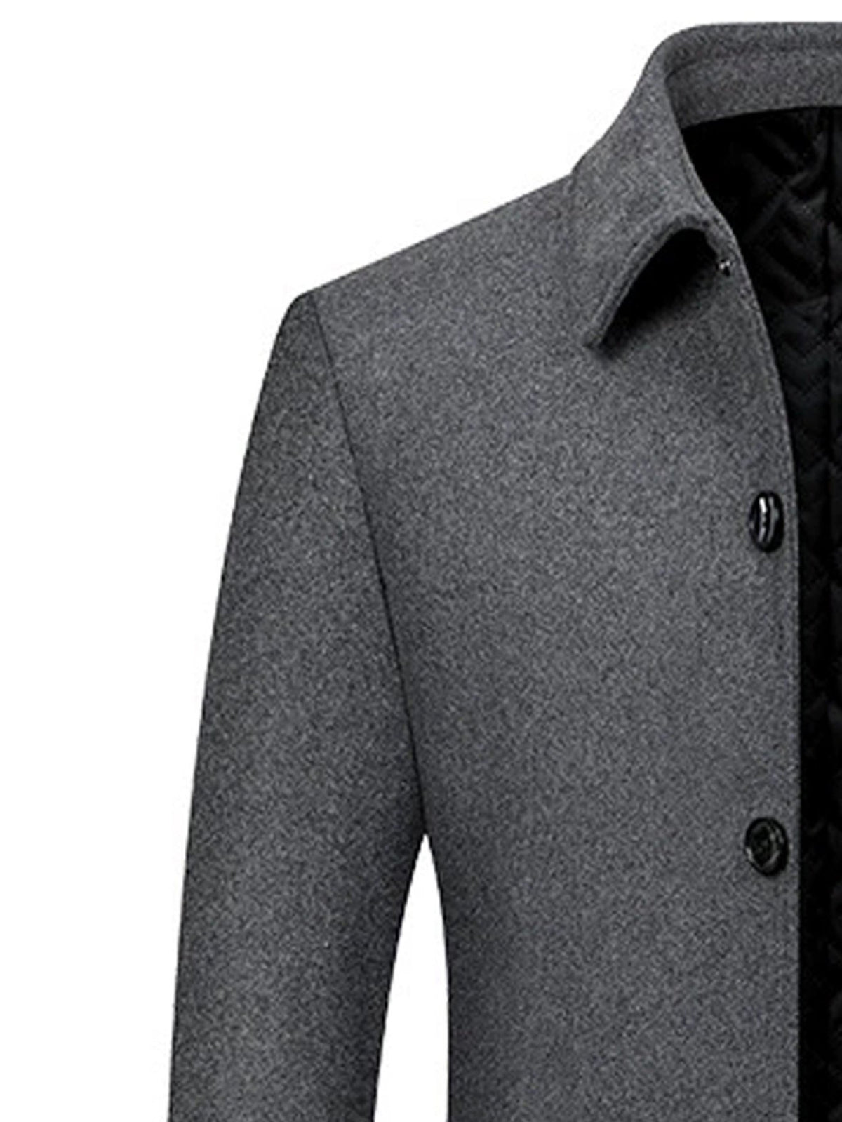 Collar and fastening detail of the men's wool blend overcoat