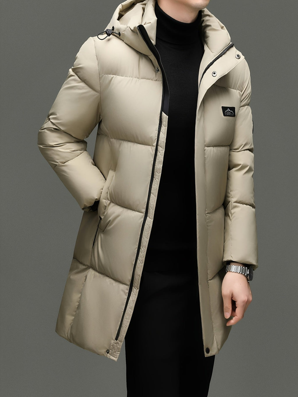 Men's long padded puffer jacket shown from the front for winter