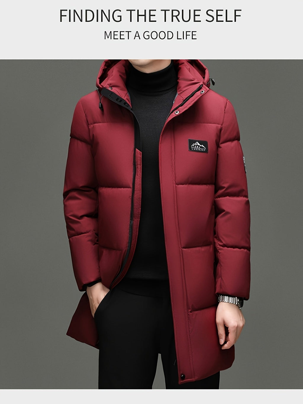 Back view of the men's long padded puffer jacket