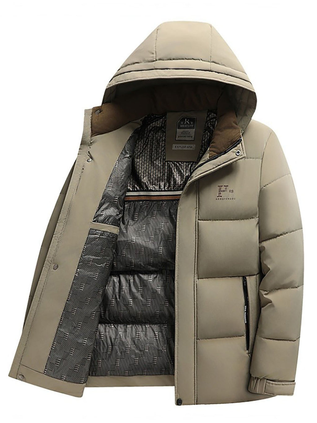 Side view of the men's detachable hood winter coat showing the fit