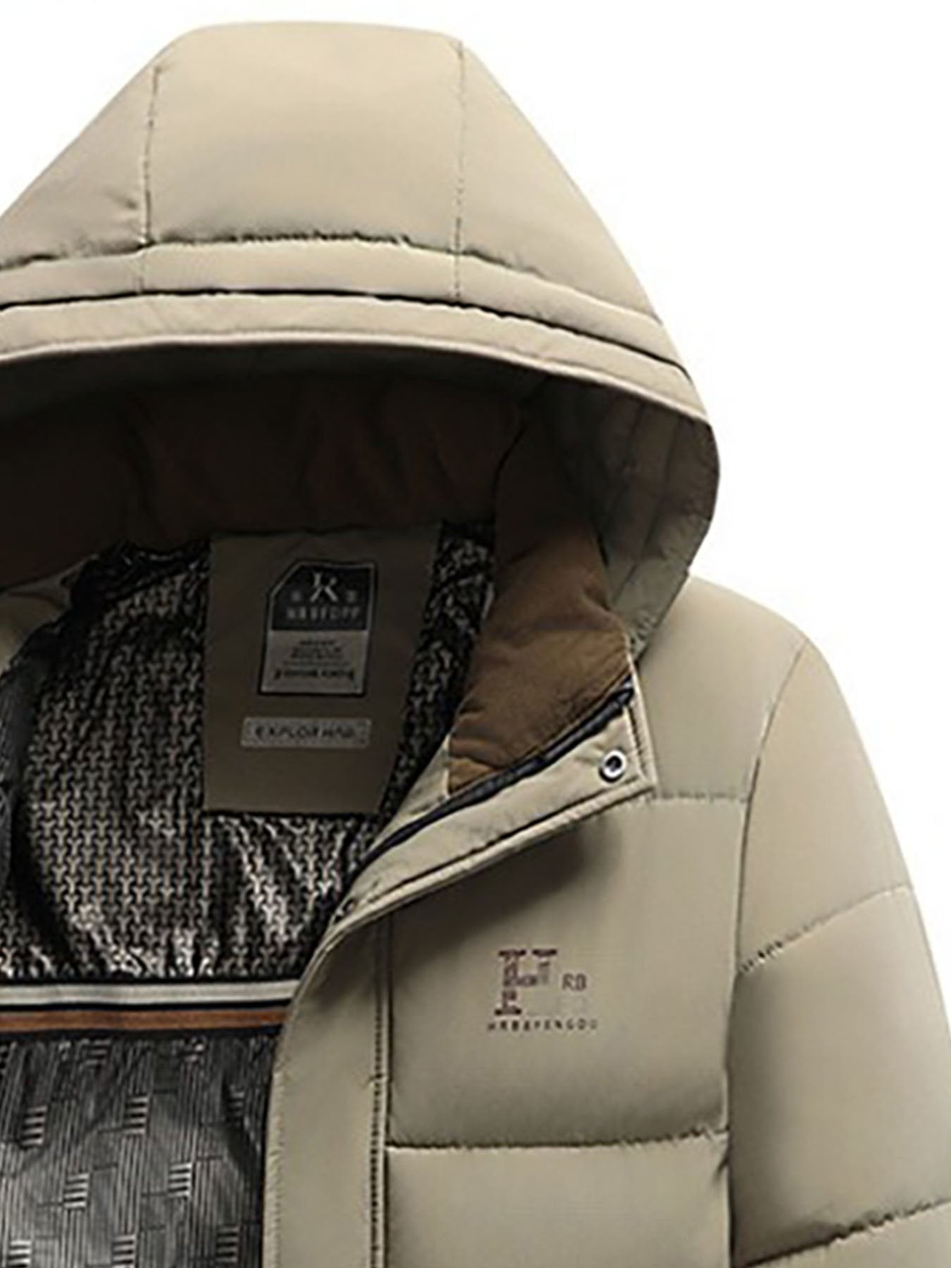 Close-up of the men's detachable hood winter coat fabric and stitching