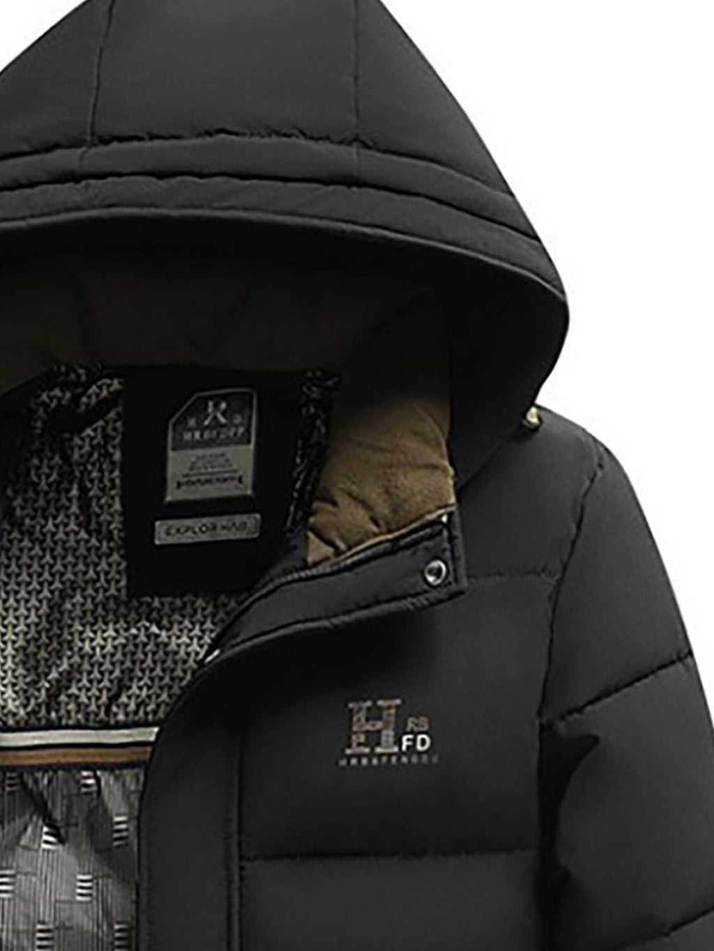 Collar and fastening detail of the men's detachable hood winter coat
