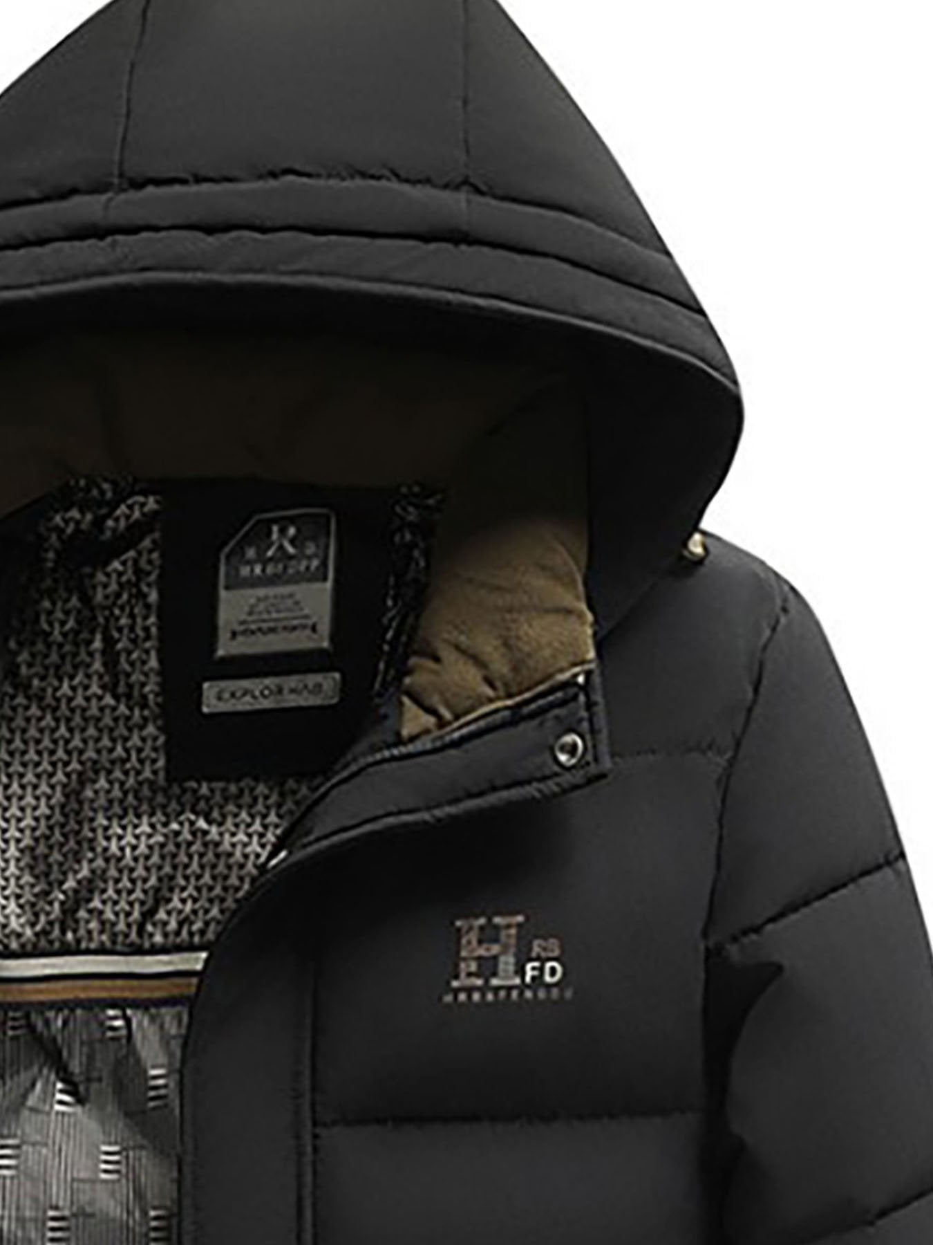 Collar and fastening detail of the men's detachable hood winter coat