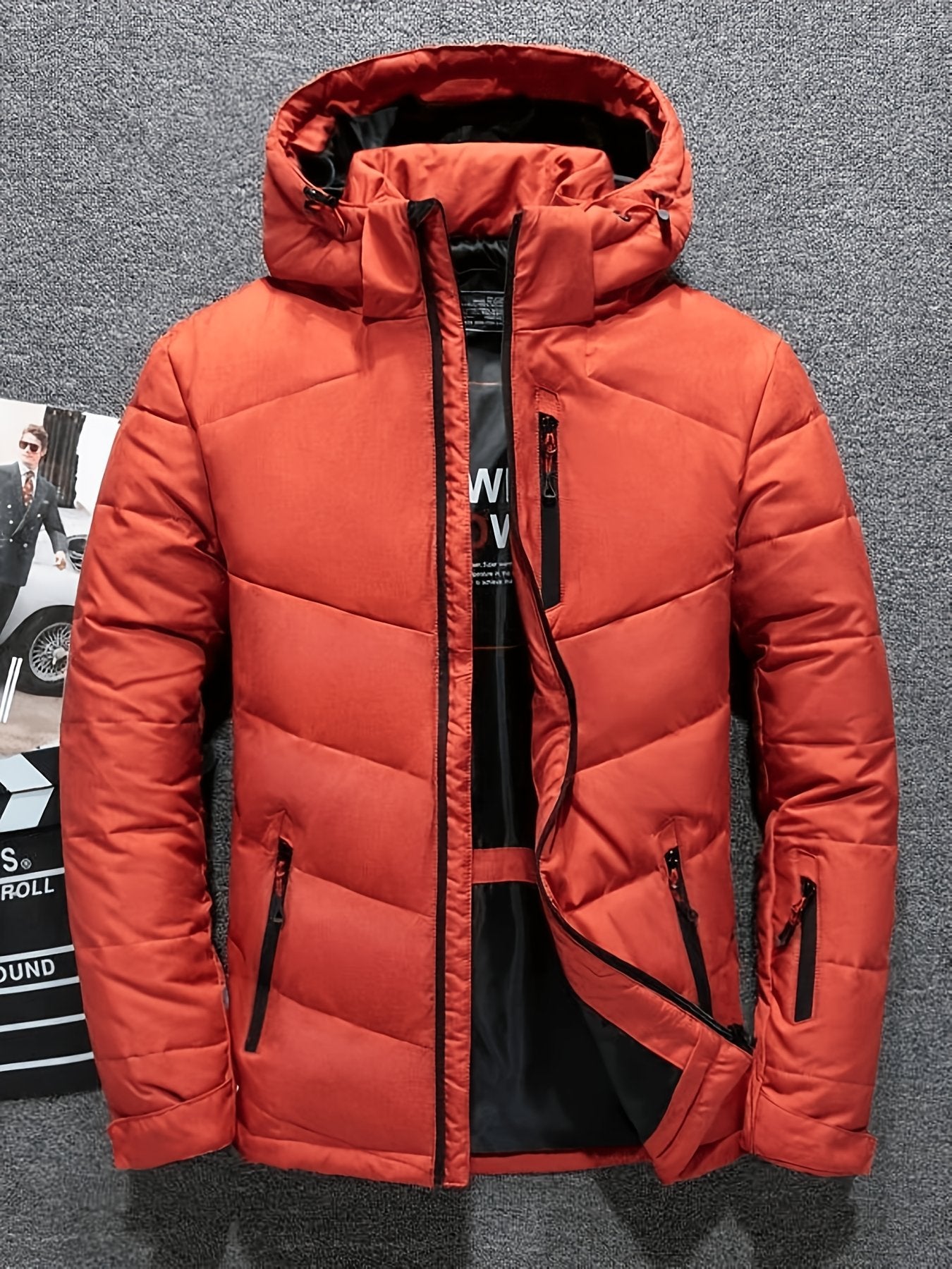 Men's slim padded jacket shown from the front for winter