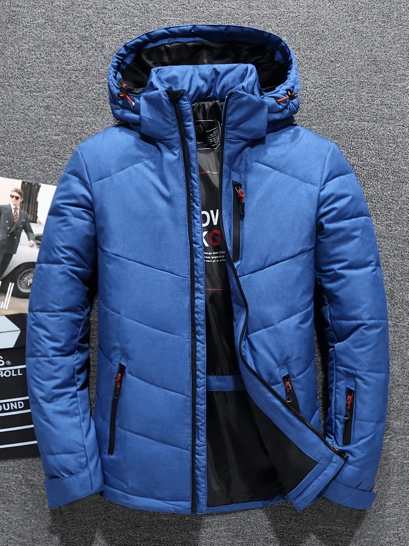 Side view of the men's slim padded jacket showing the fit