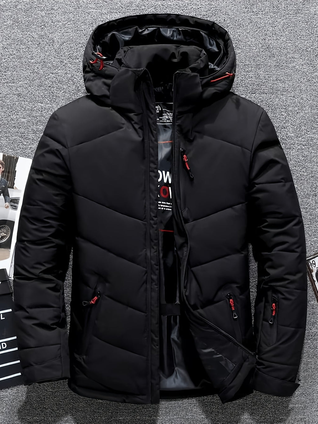 Close-up of the men's slim padded jacket fabric and stitching