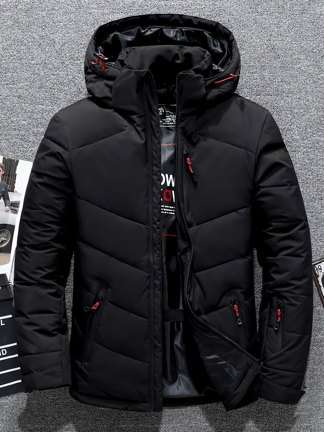 Men's slim padded jacket styled with jeans for cold weather
