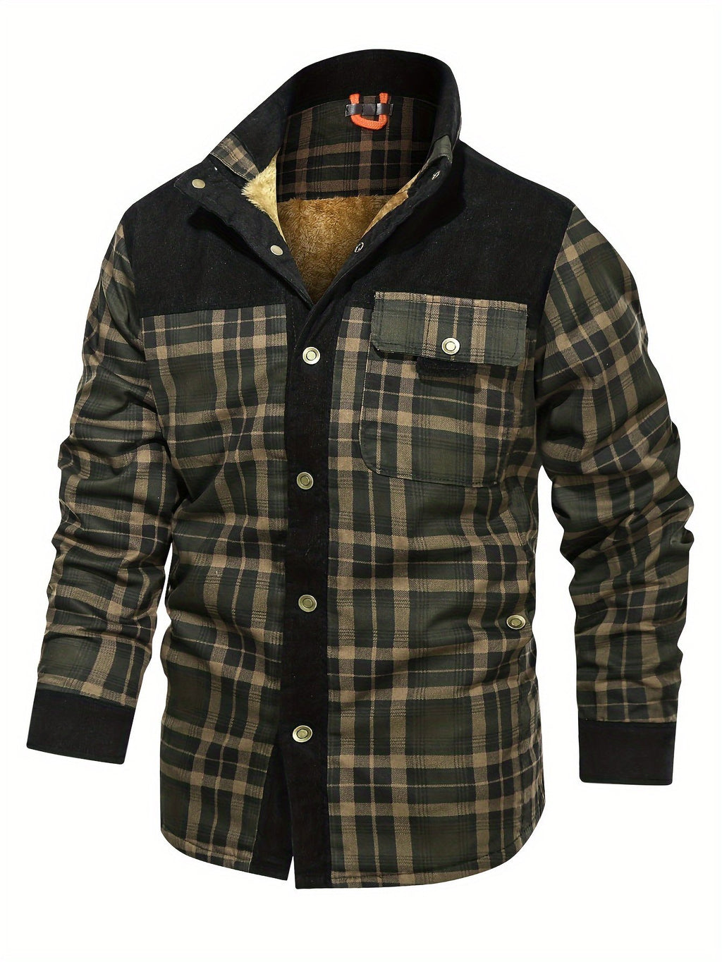 Men's colour-block plaid shirt jacket front button detail - image 3