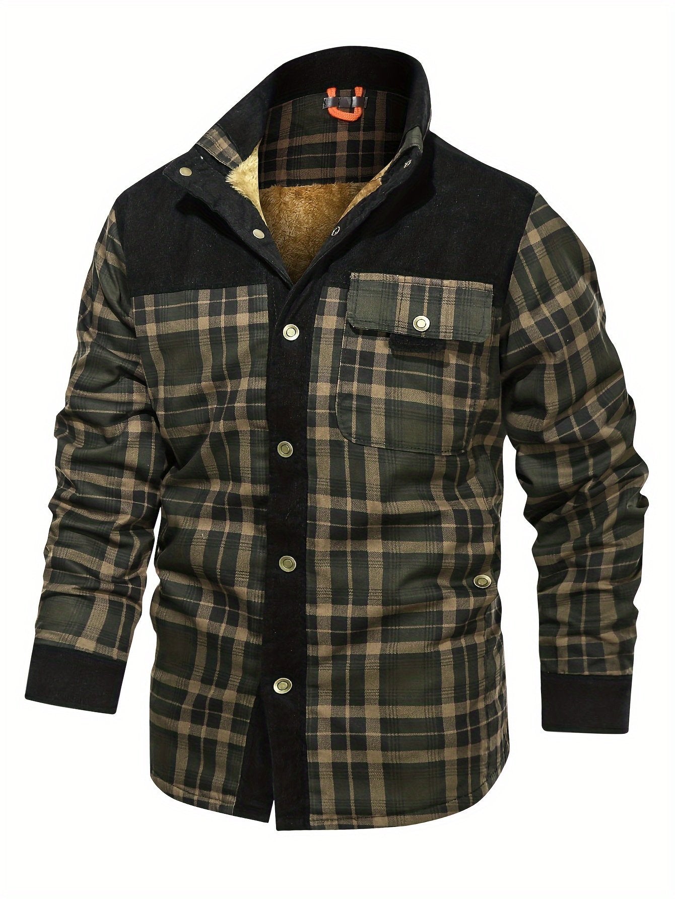 Men's colour-block plaid shirt jacket front button detail - image 3