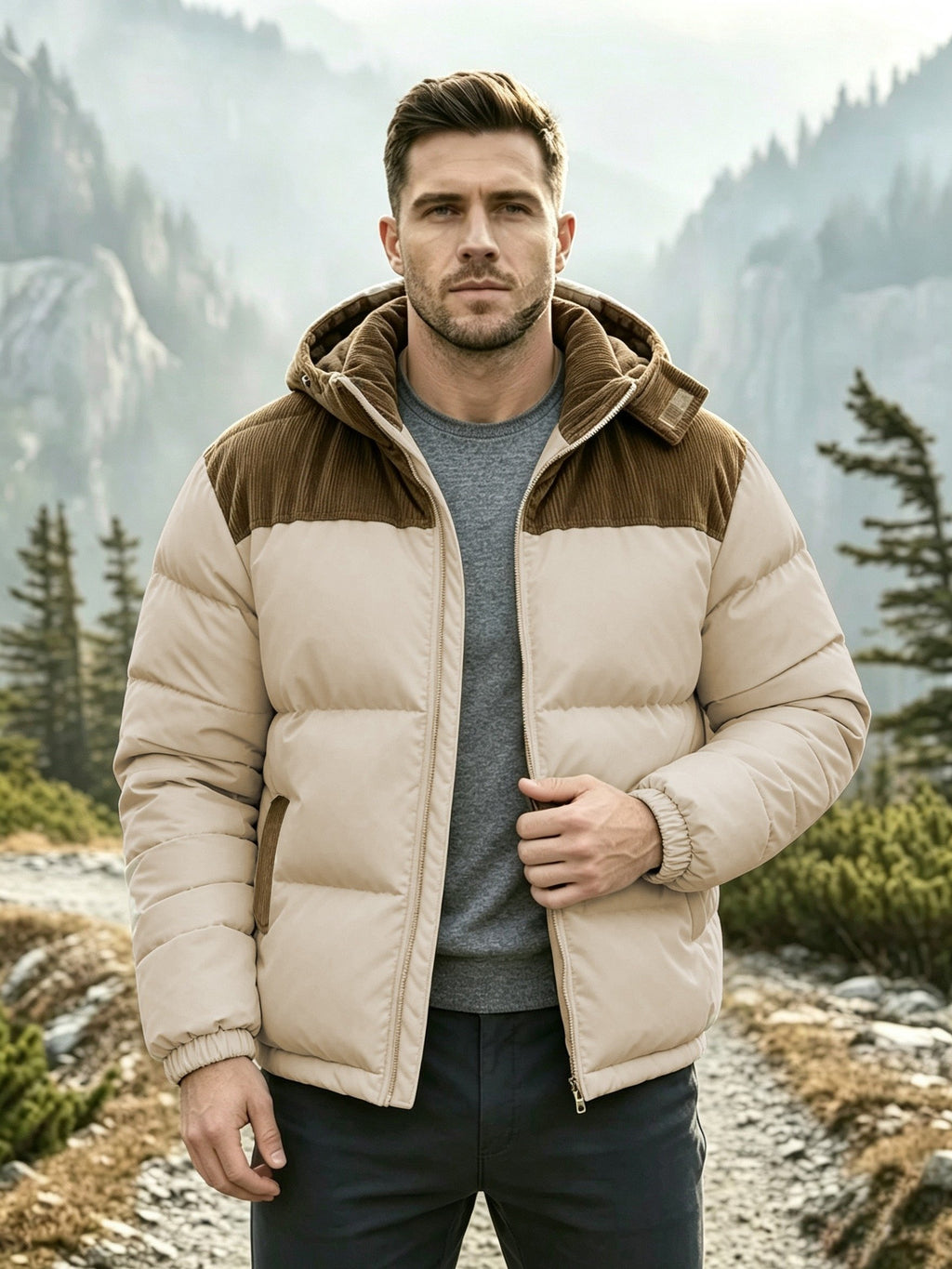 Side view of the men's corduroy anorak showing the fit