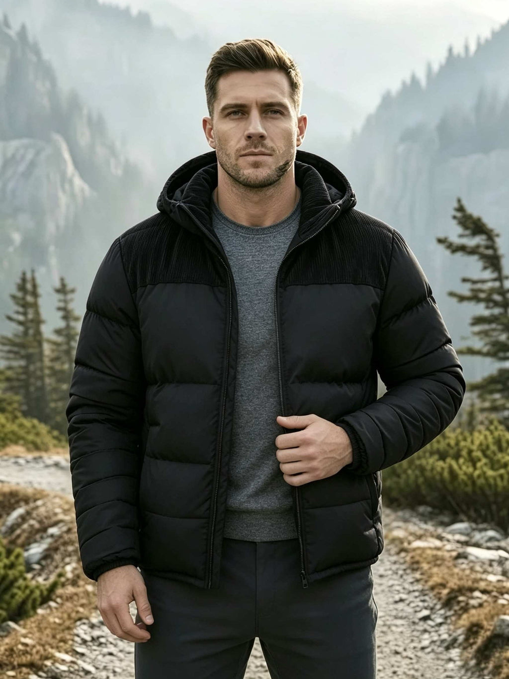 Close-up of the men's corduroy anorak fabric and stitching