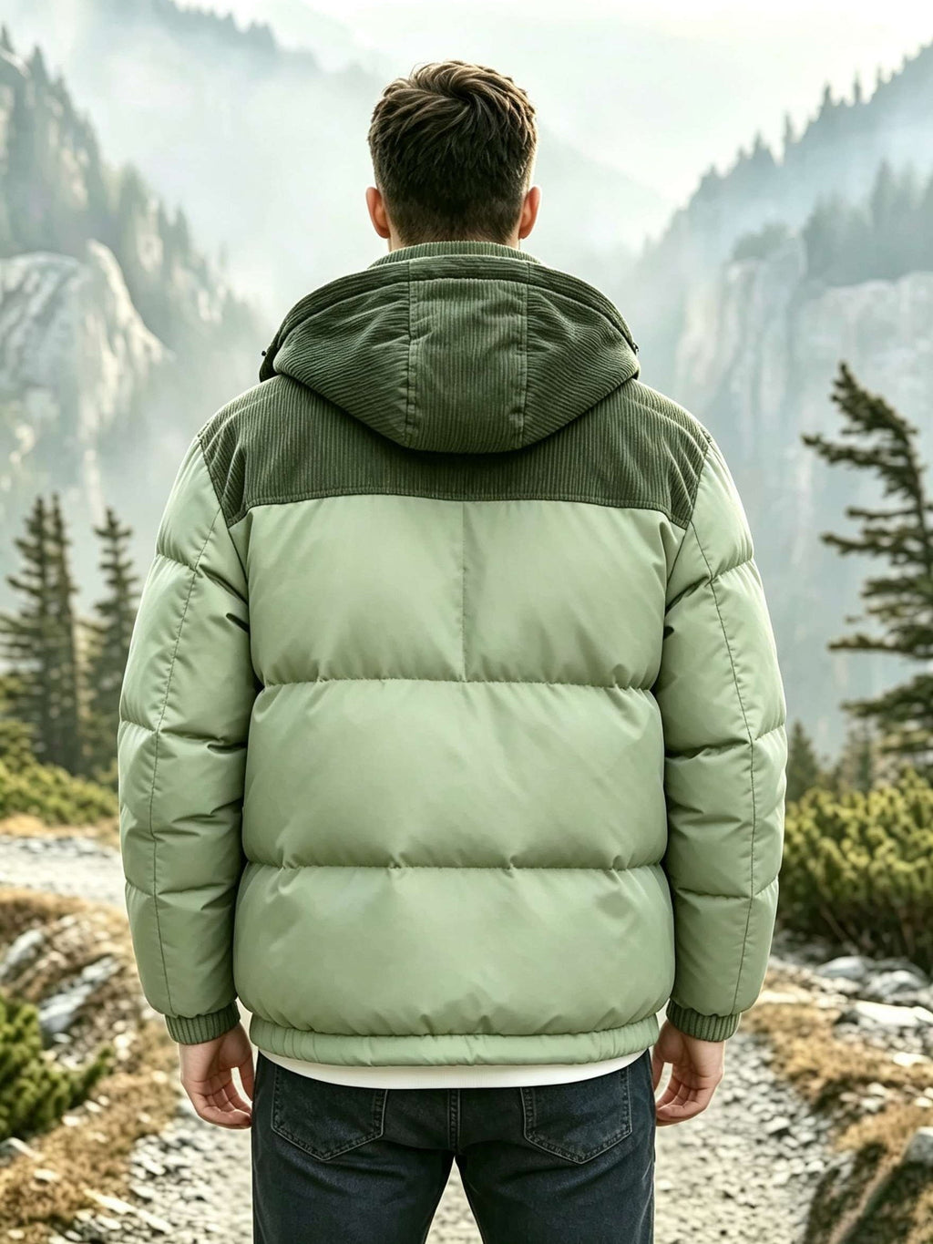 Men's corduroy anorak styled with jeans for cold weather