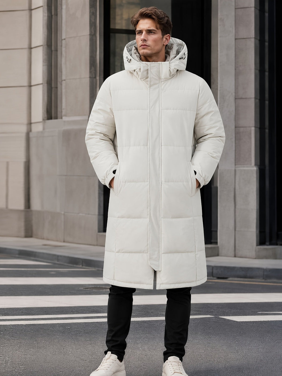 Men's long duck down jacket shown from the front for winter