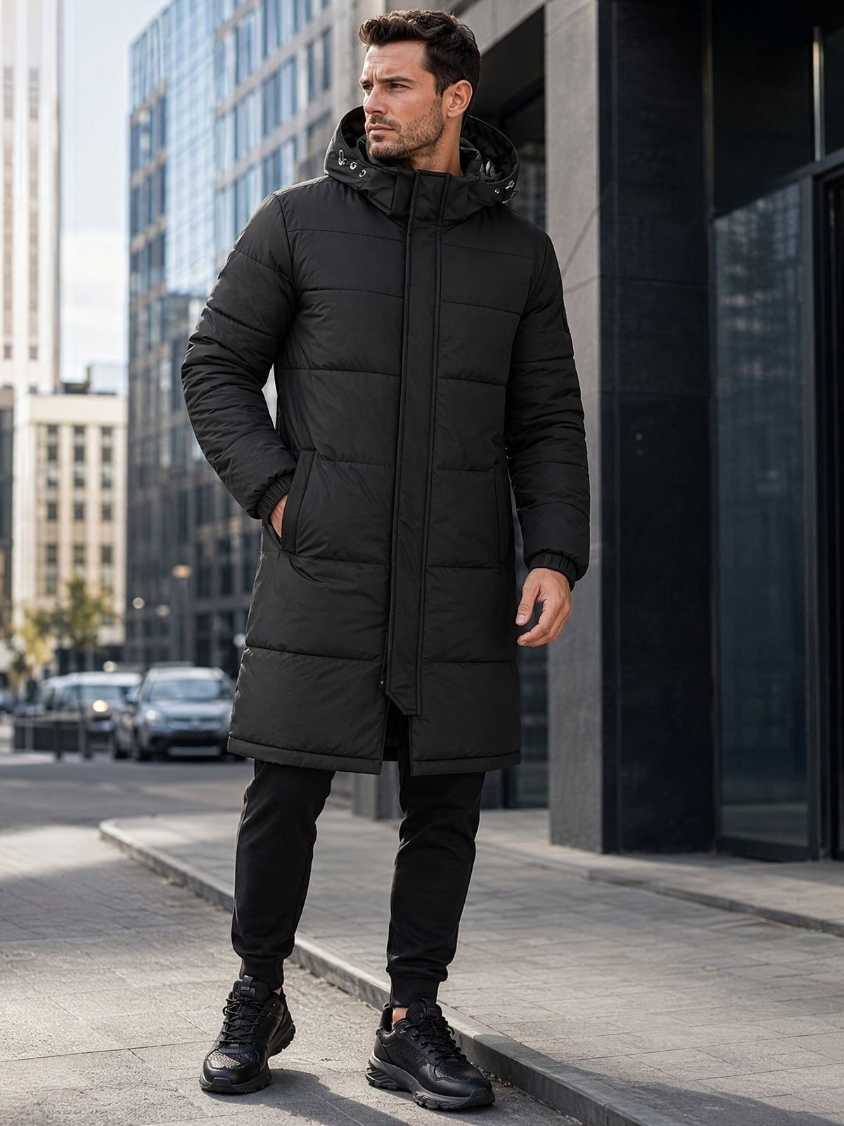 Side view of the men's long duck down jacket showing the fit