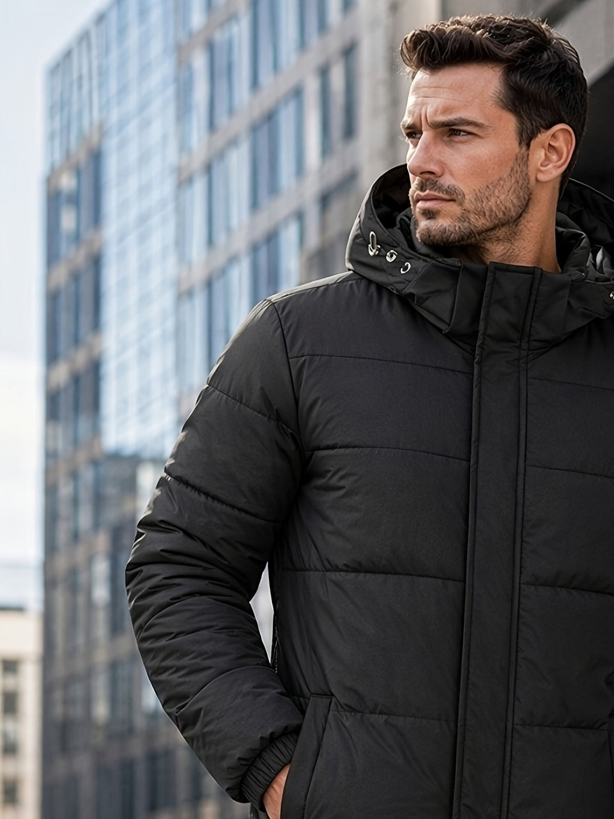 Back view of the men's long duck down jacket