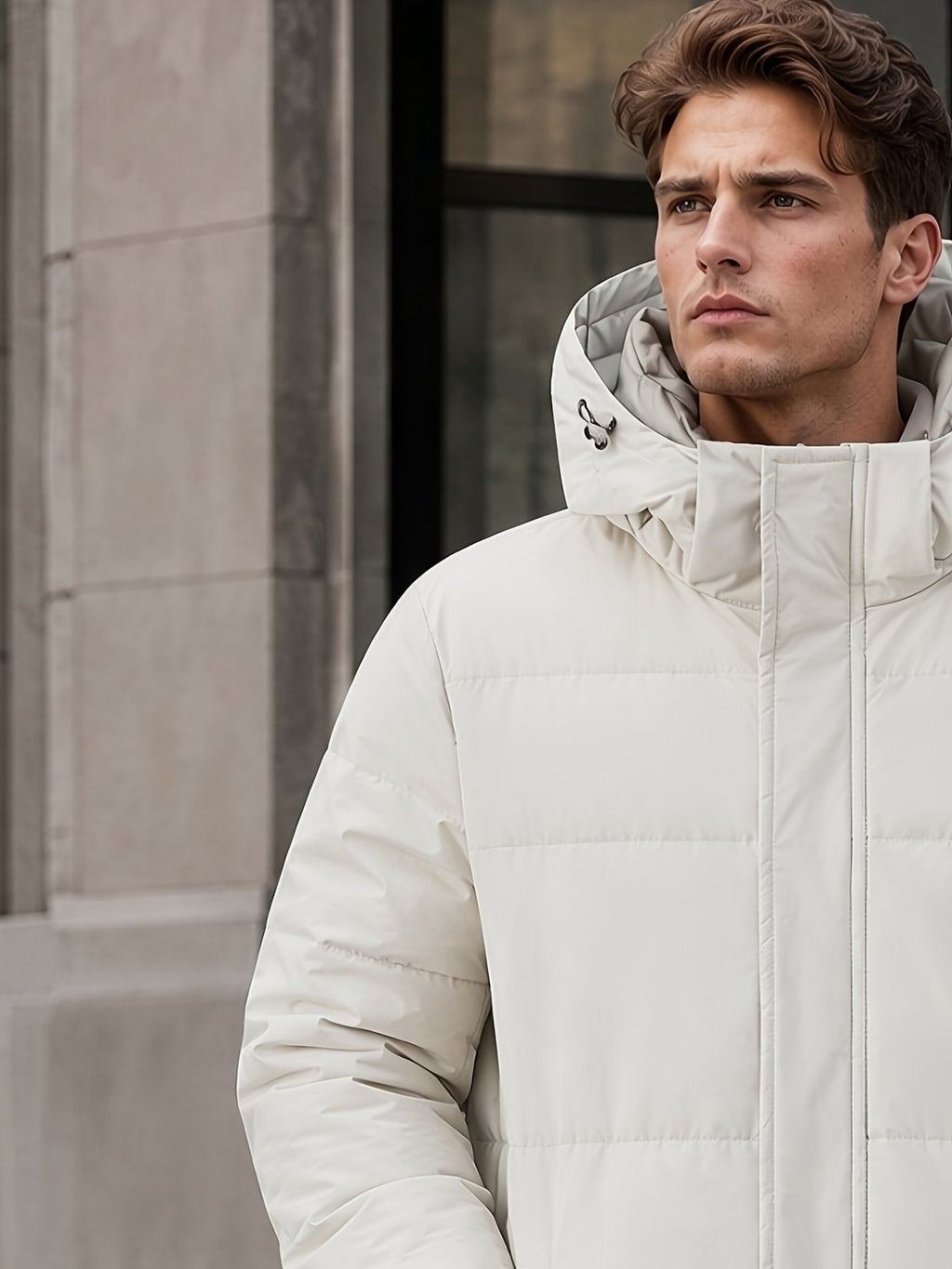 Close-up of the men's long duck down jacket fabric and stitching