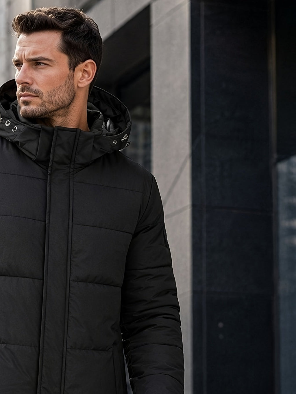 Collar and fastening detail of the men's long duck down jacket