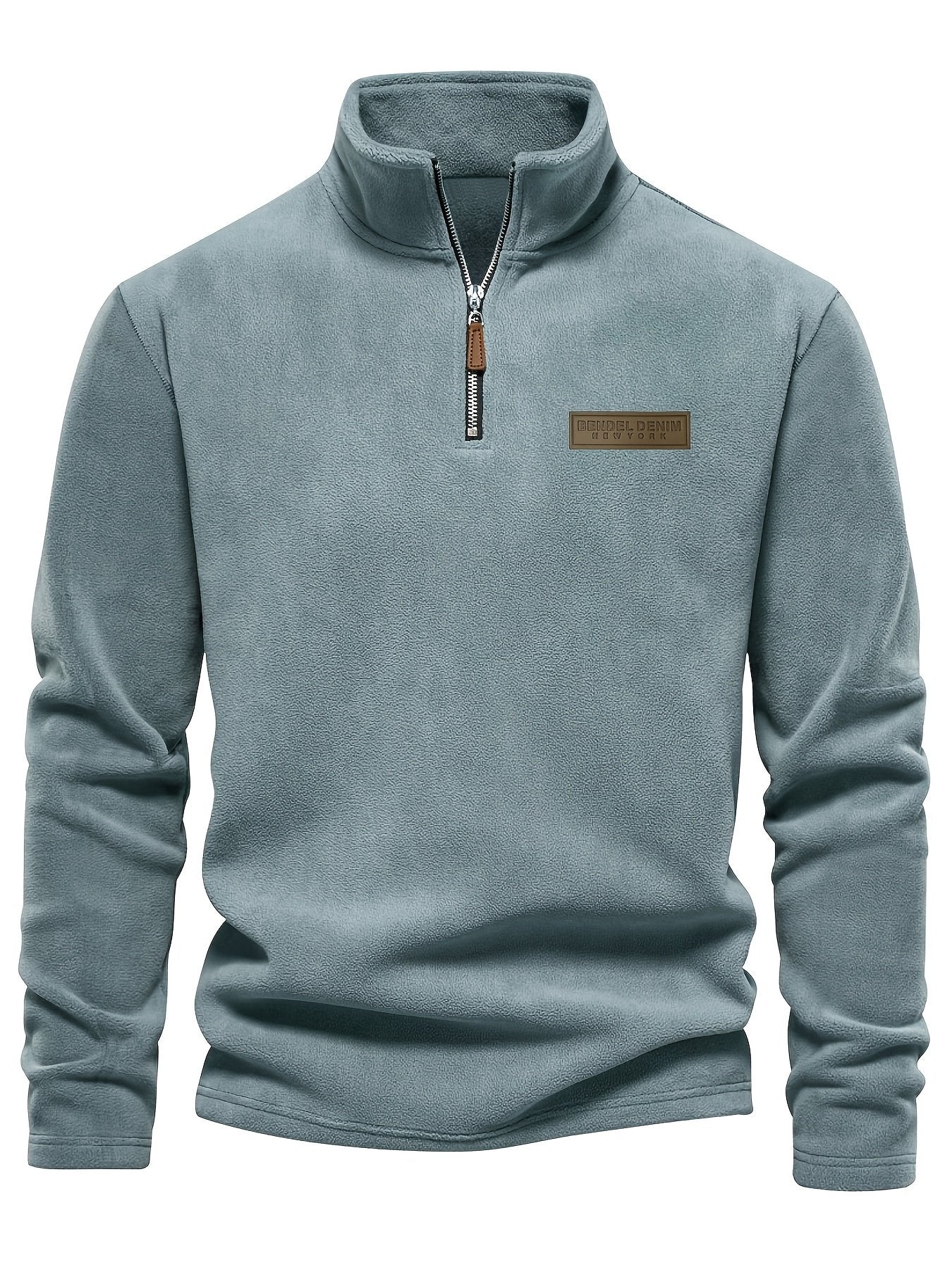 Grey-blue soft fleece men's pullover top with stand collar, warm street-style winter wear - back view