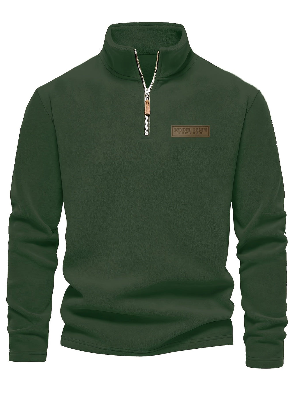 Men's warm brushed fleece pullover, stand-collar street-style top for cold winter days - detail view