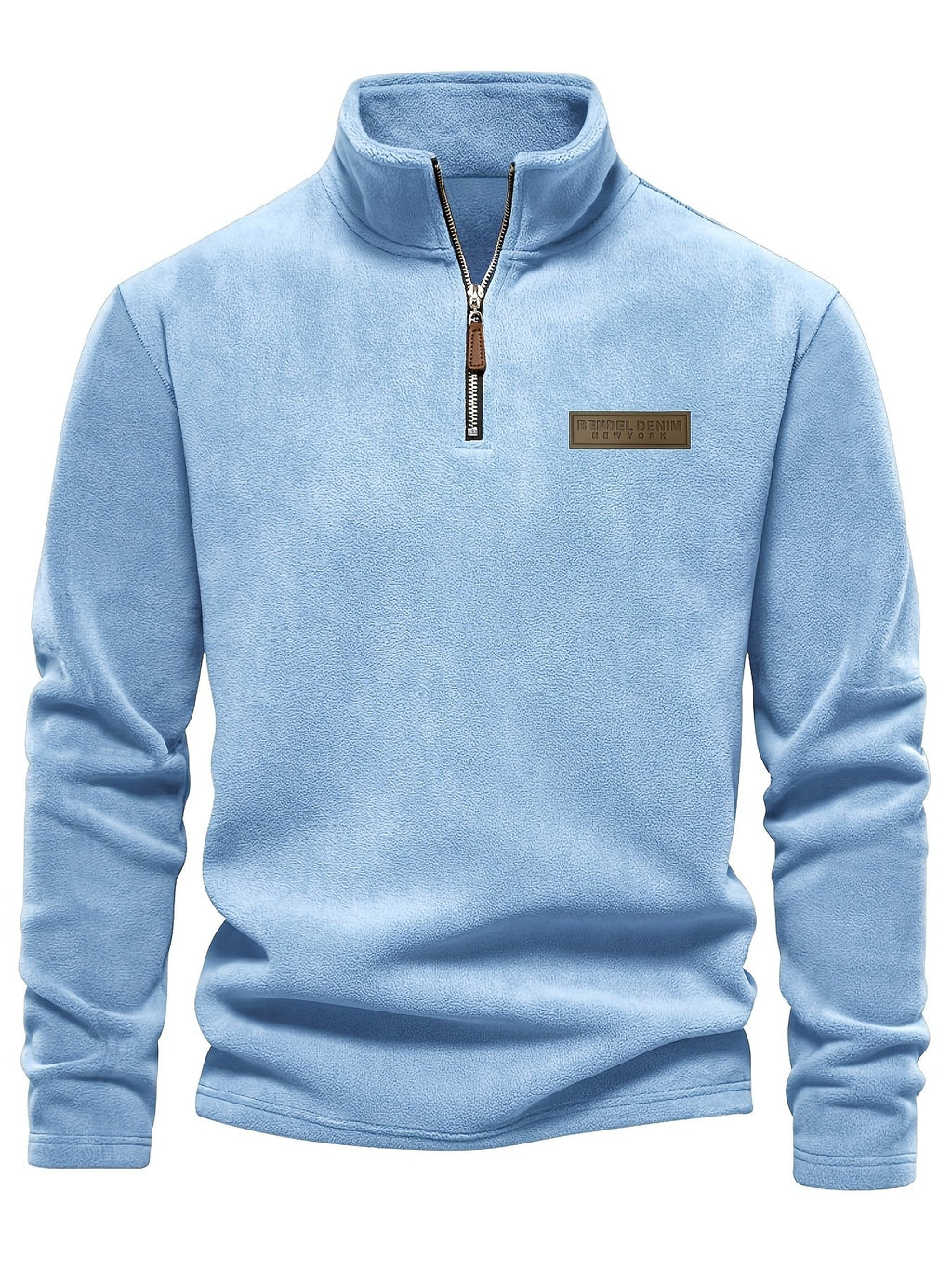 Soft fleece men's stand-collar pullover top in grey-blue, cosy winter layering piece - close-up