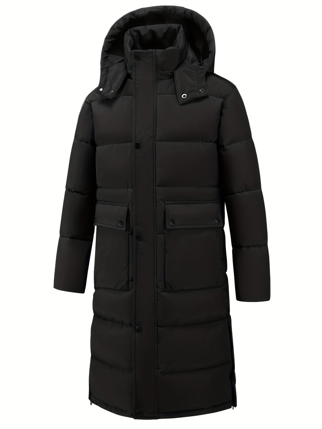 Men's long glossy padded jacket shown from the front for winter