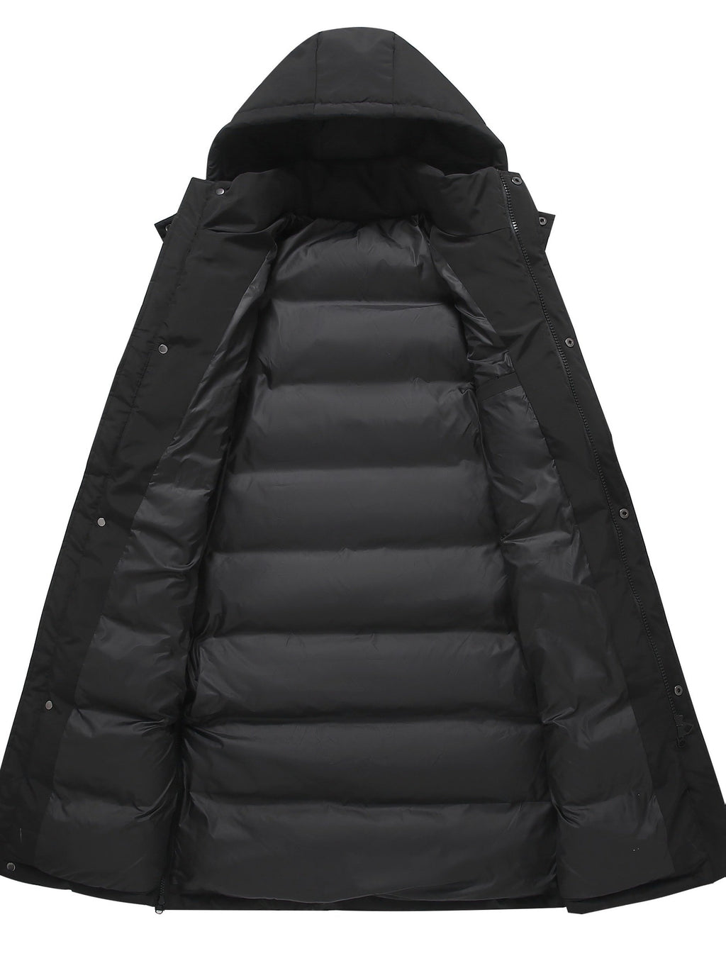 Close-up of the men's long glossy padded jacket fabric and stitching