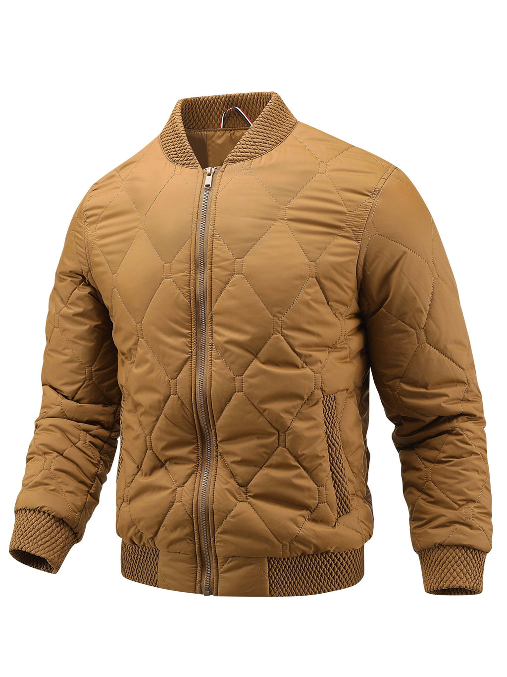 Side view of the men's quilted padded bomber jacket showing the fit