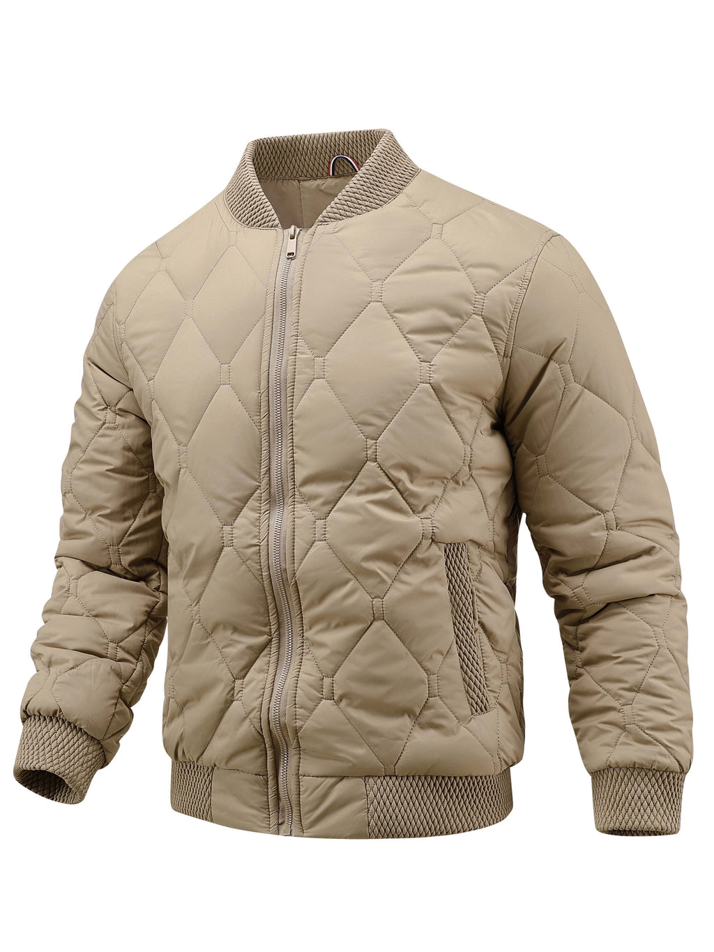 Close-up of the men's quilted padded bomber jacket fabric and stitching