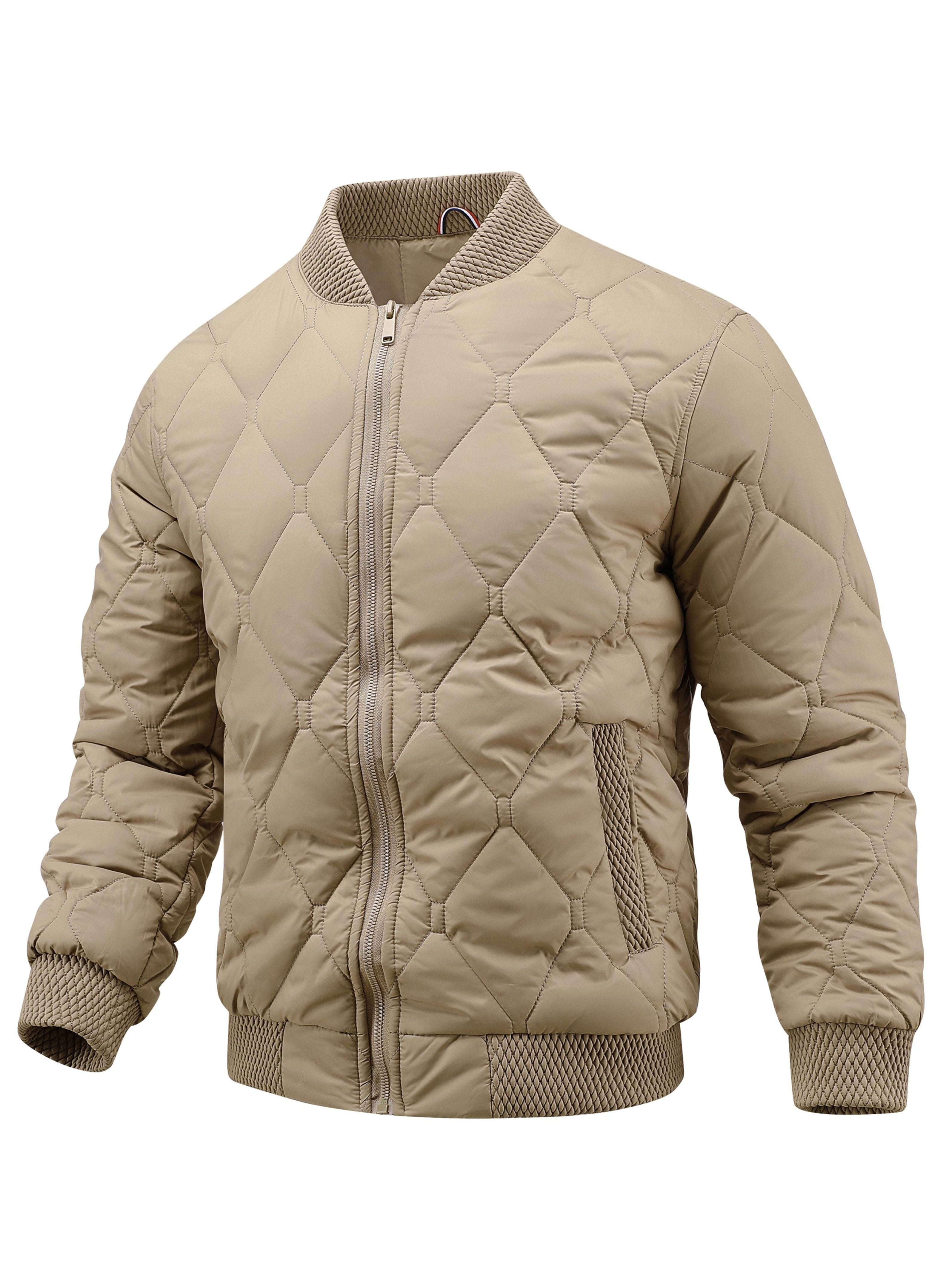 Close-up of the men's quilted padded bomber jacket fabric and stitching