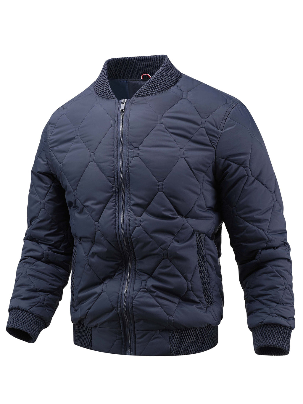 Collar and fastening detail of the men's quilted padded bomber jacket