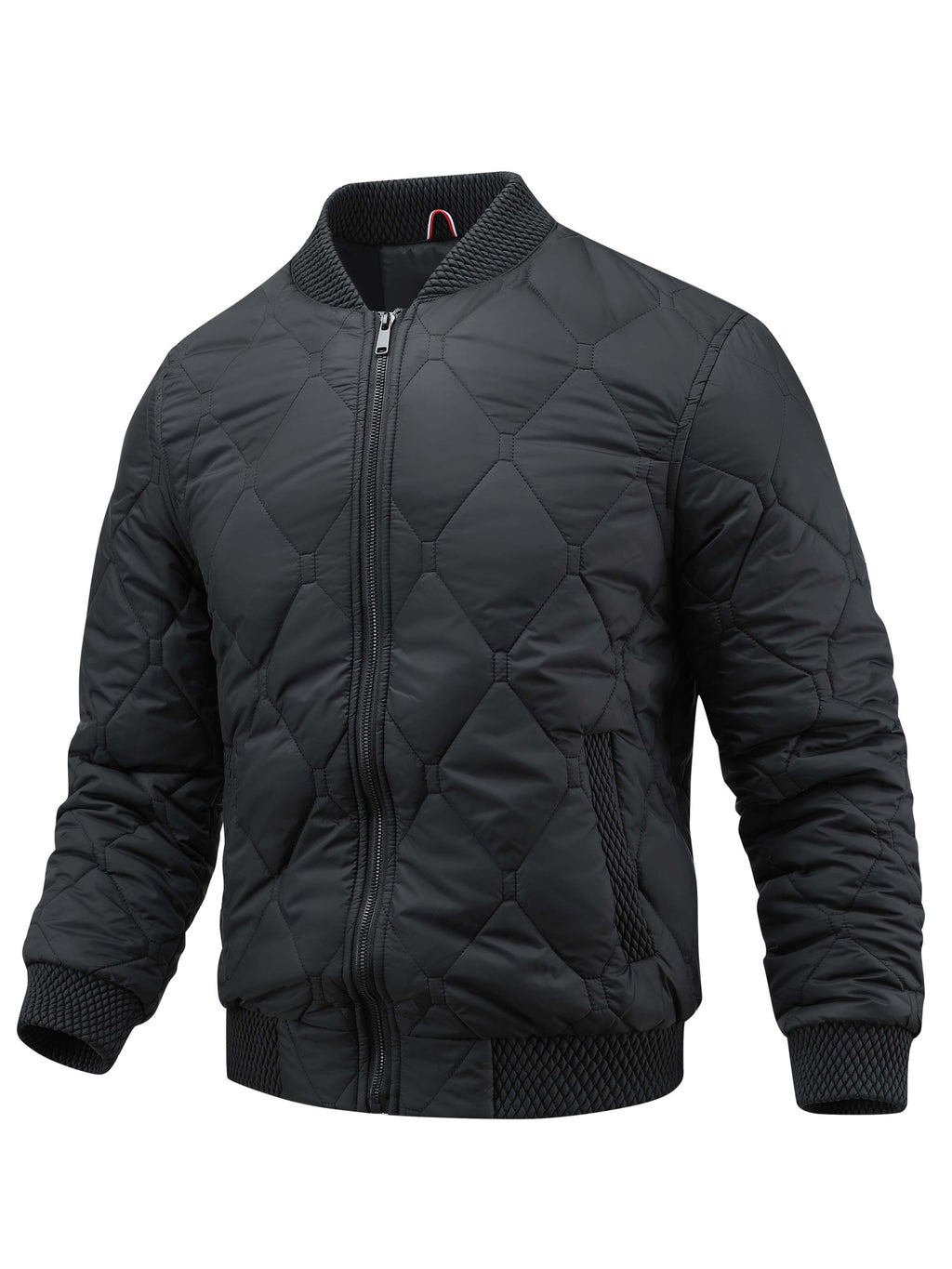 Men's quilted padded bomber jacket styled with jeans for cold weather