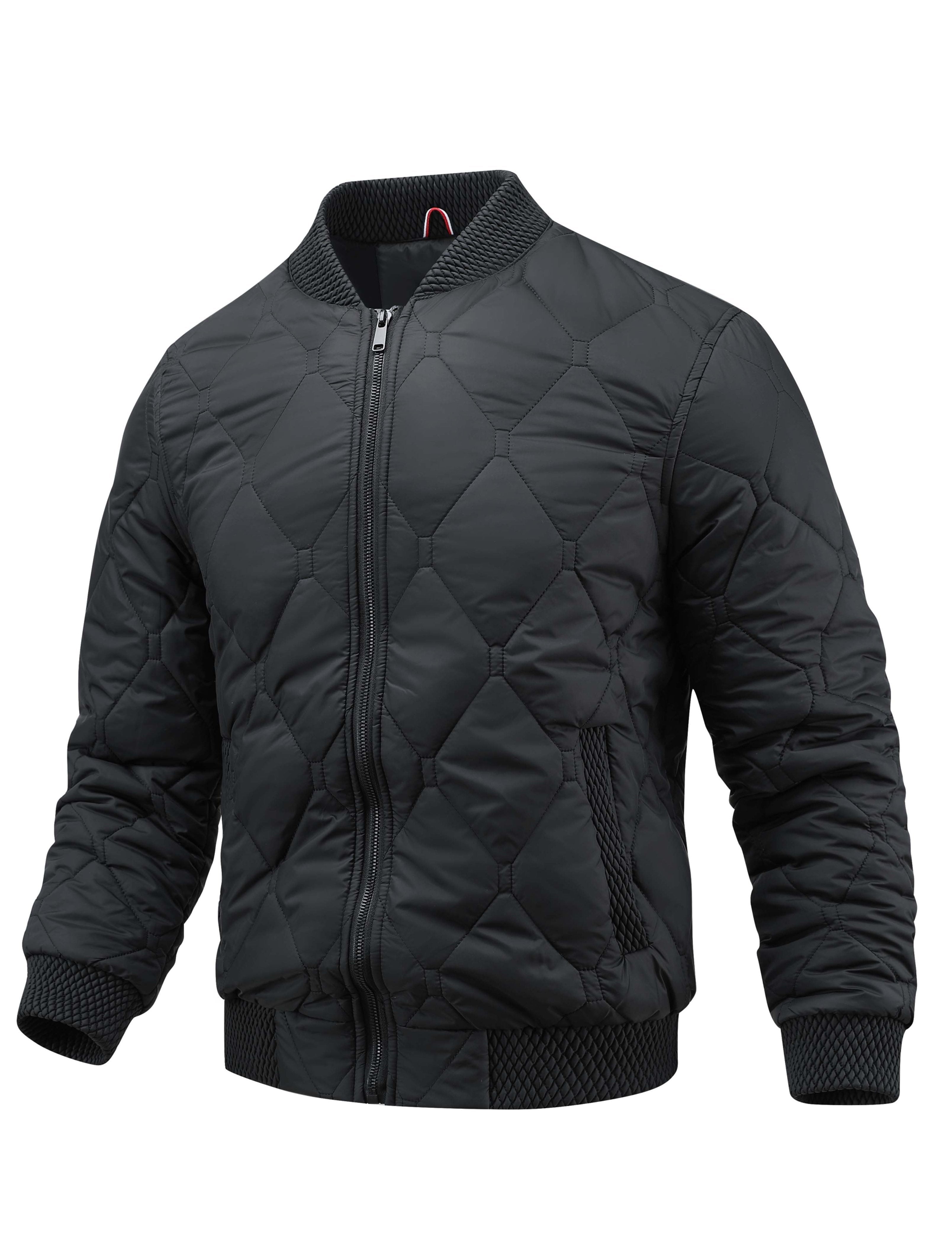 Men's quilted padded bomber jacket styled with jeans for cold weather