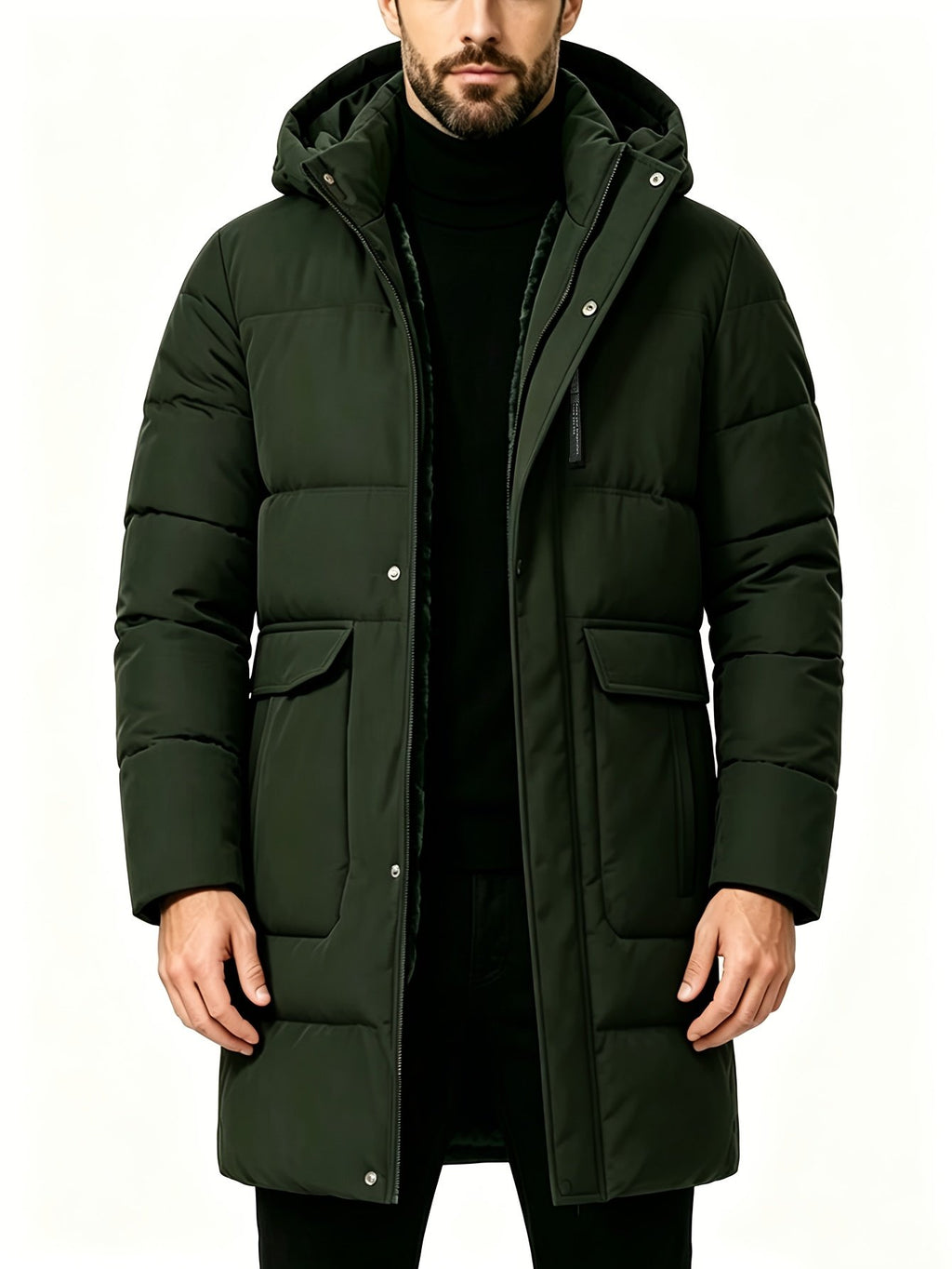 Pocket detail on the men's long hooded parka