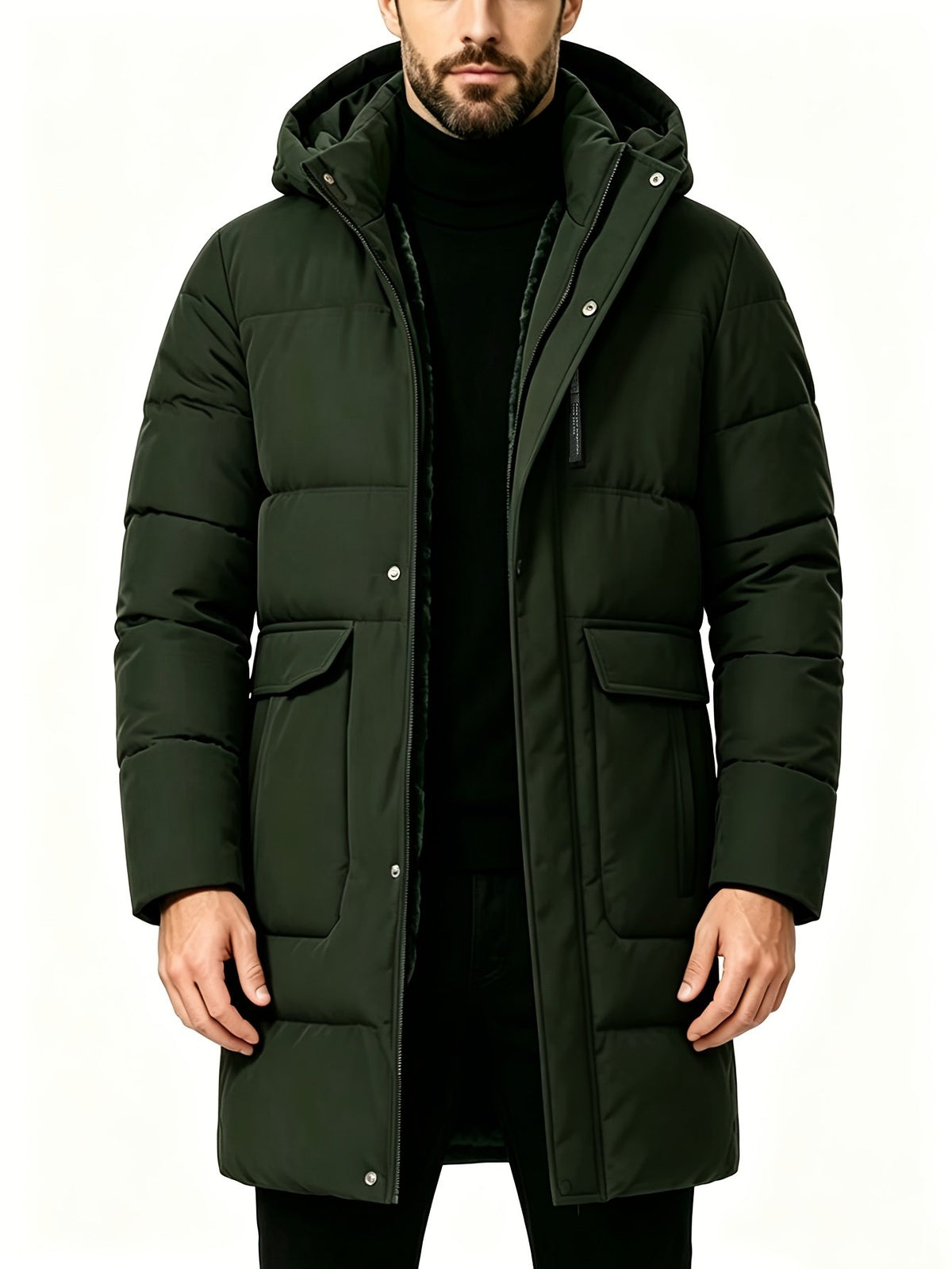 Pocket detail on the men's long hooded parka