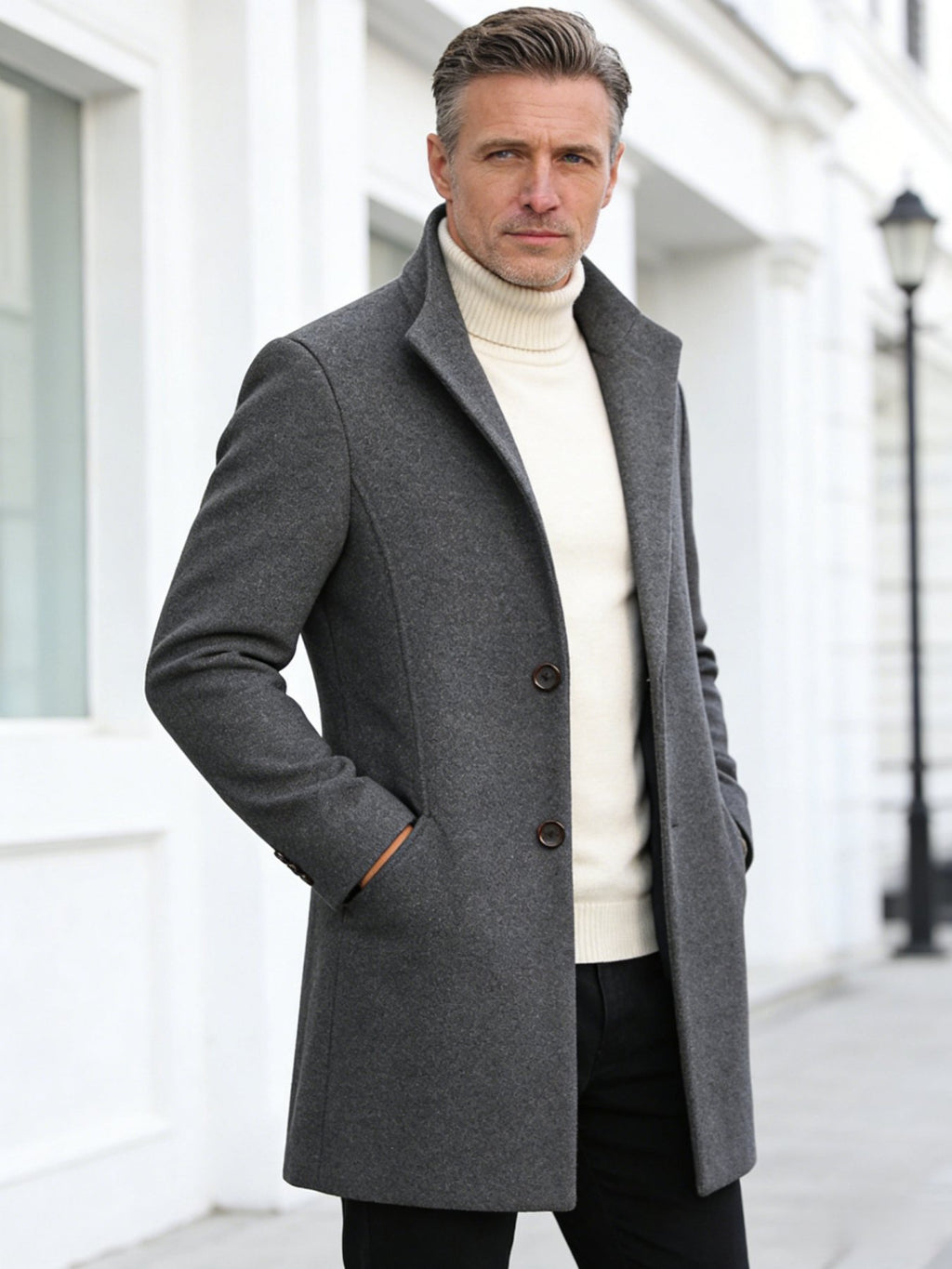 Pocket detail on the men's tweed overcoat