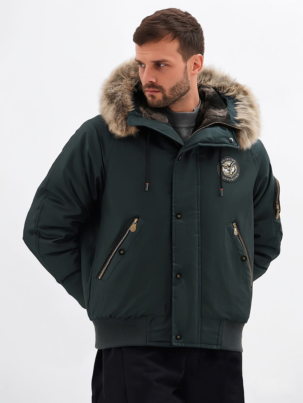 Pocket detail on the men's faux fur hood jacket
