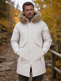 Pocket detail on the men's mid-length duck down coat