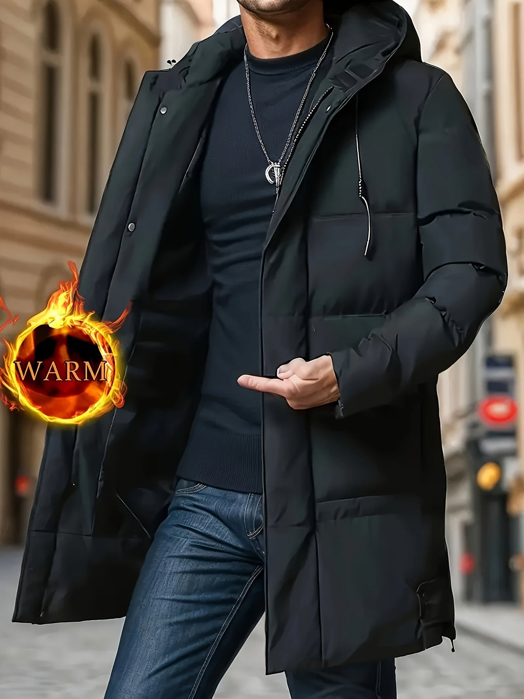 Pocket detail on the men's hooded zip winter jacket
