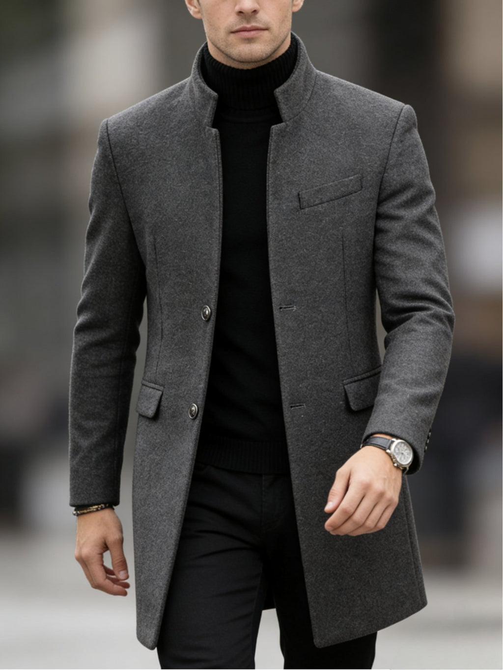 Pocket detail on the men's stand collar overcoat