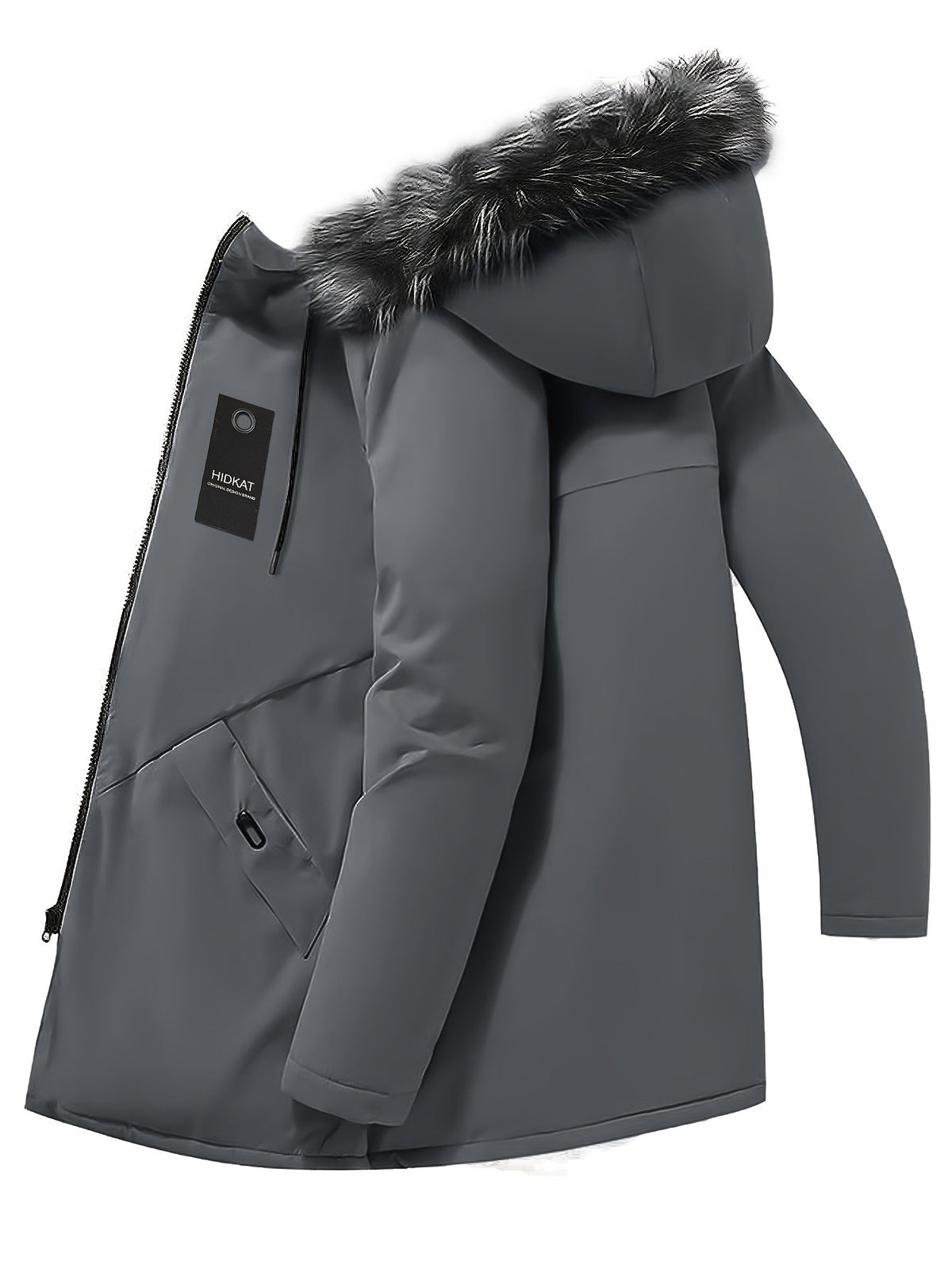 Pocket detail on the men's knee-length padded coat