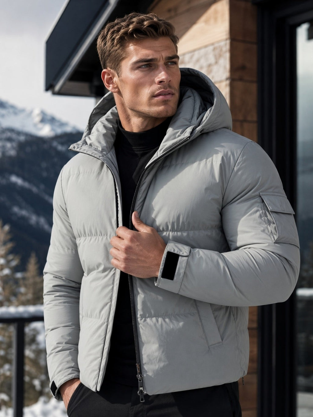 Pocket detail on the men's short duck down jacket