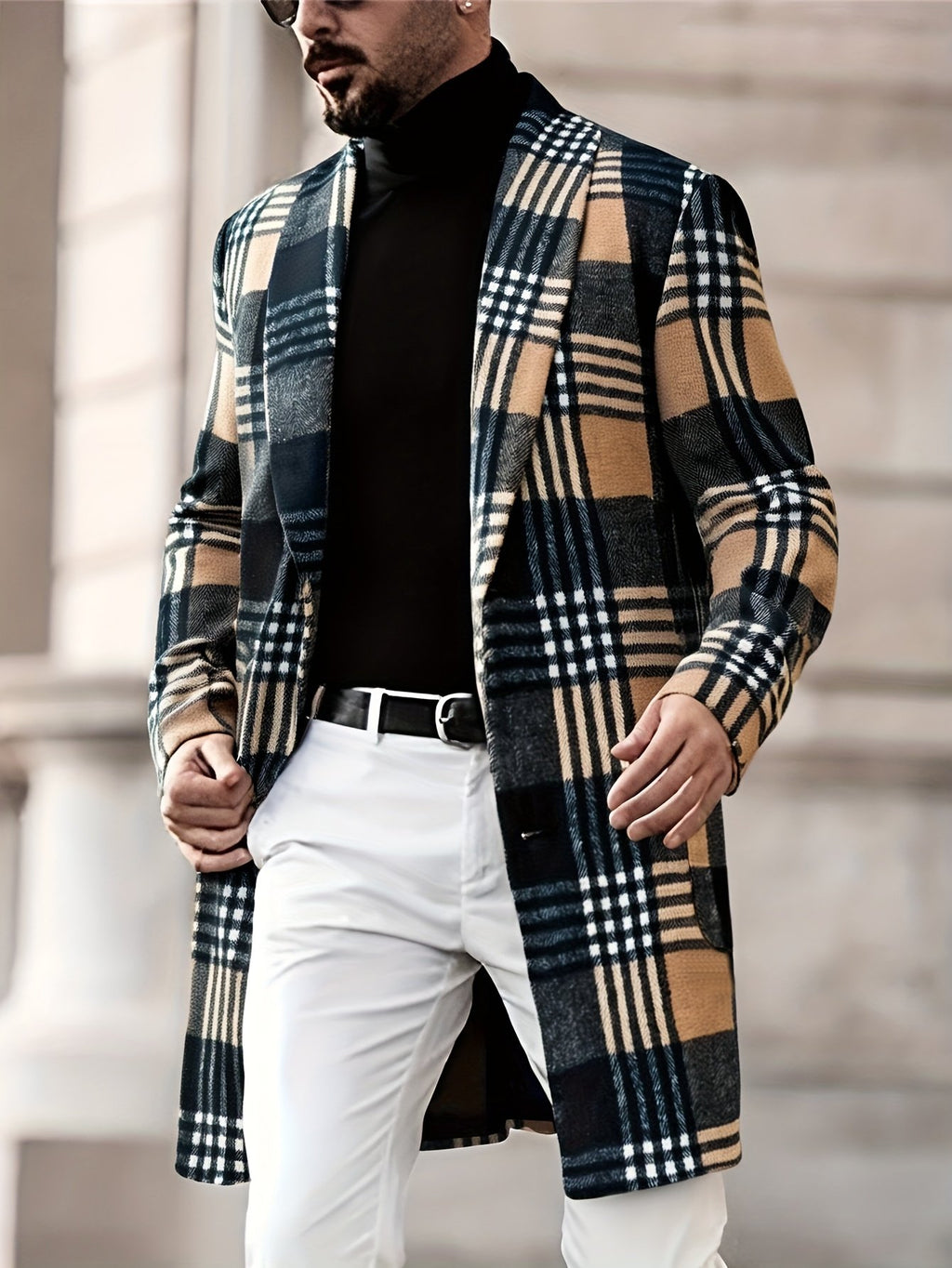 Men's check trench coat styled with jeans for cold weather