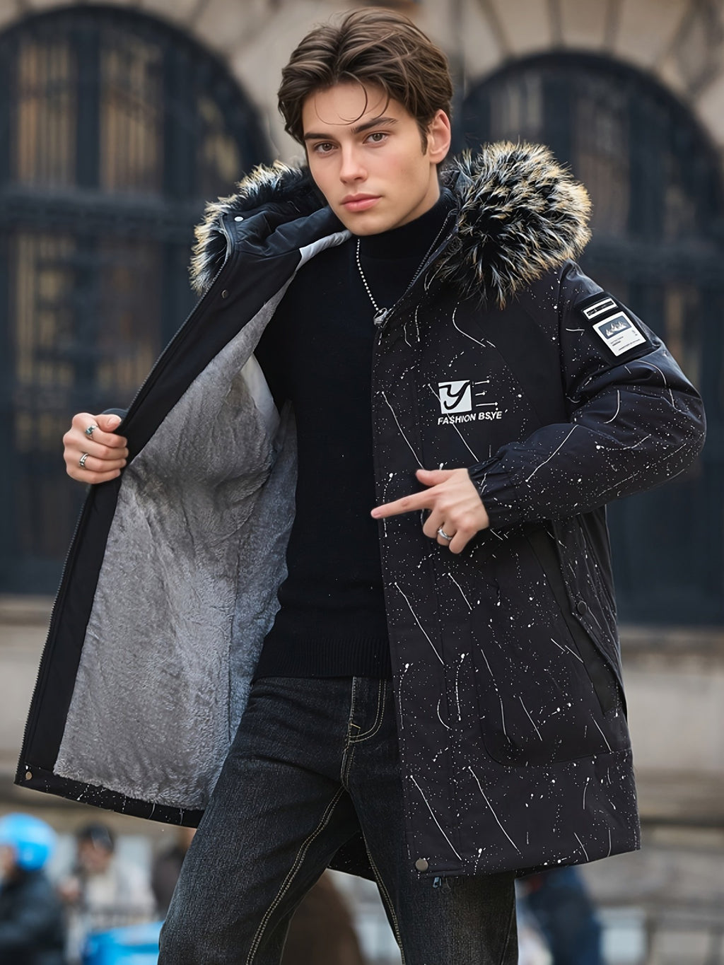 Men's mid-length fleece coat styled with jeans for cold weather
