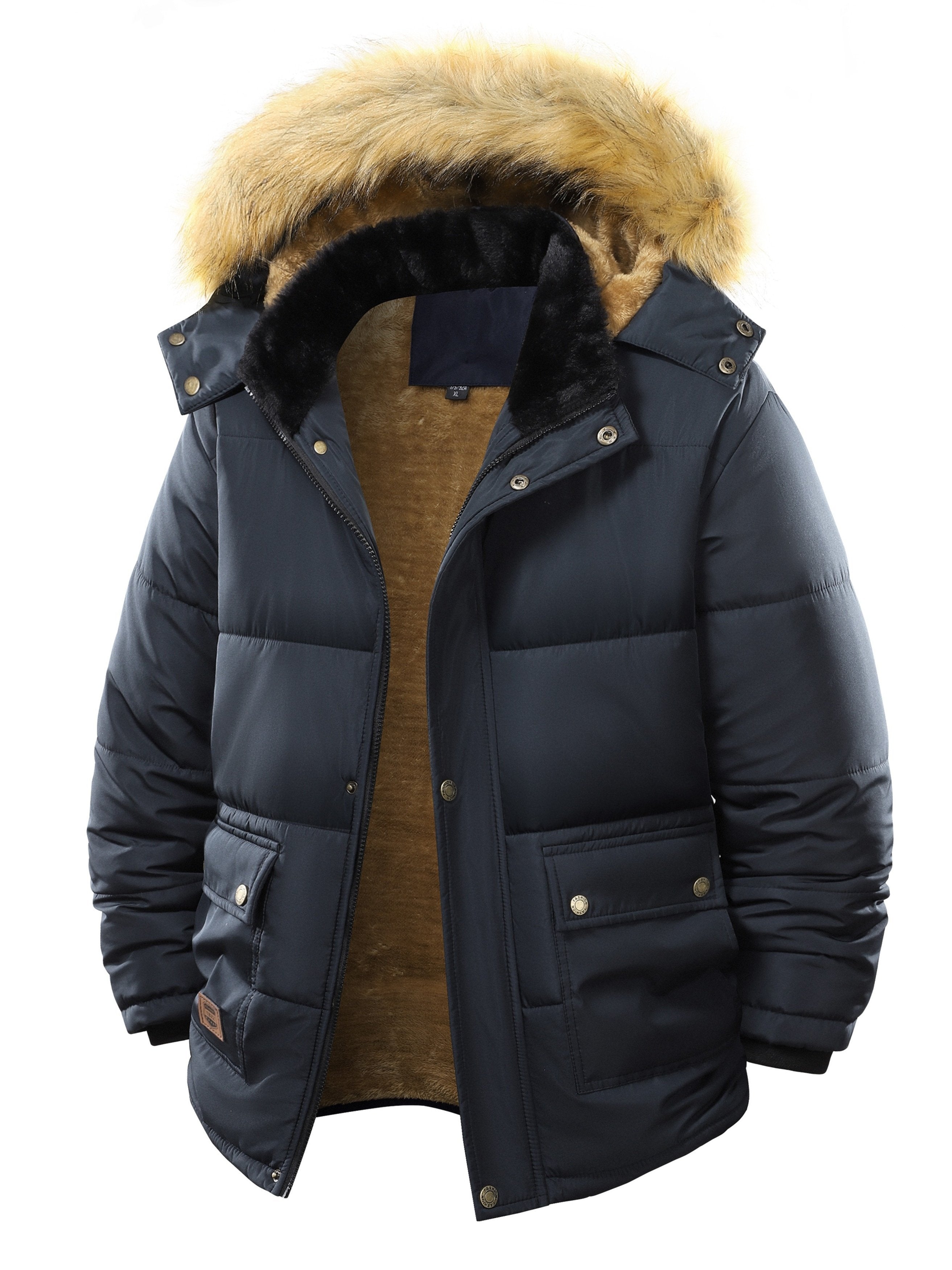 Pocket detail on the men's fleece-lined padded coat