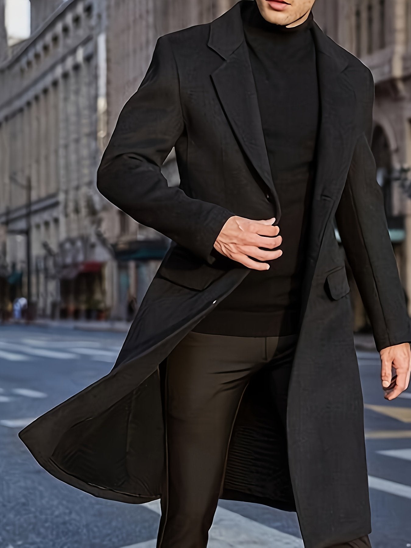 Pocket detail on the men's long warm trench coat