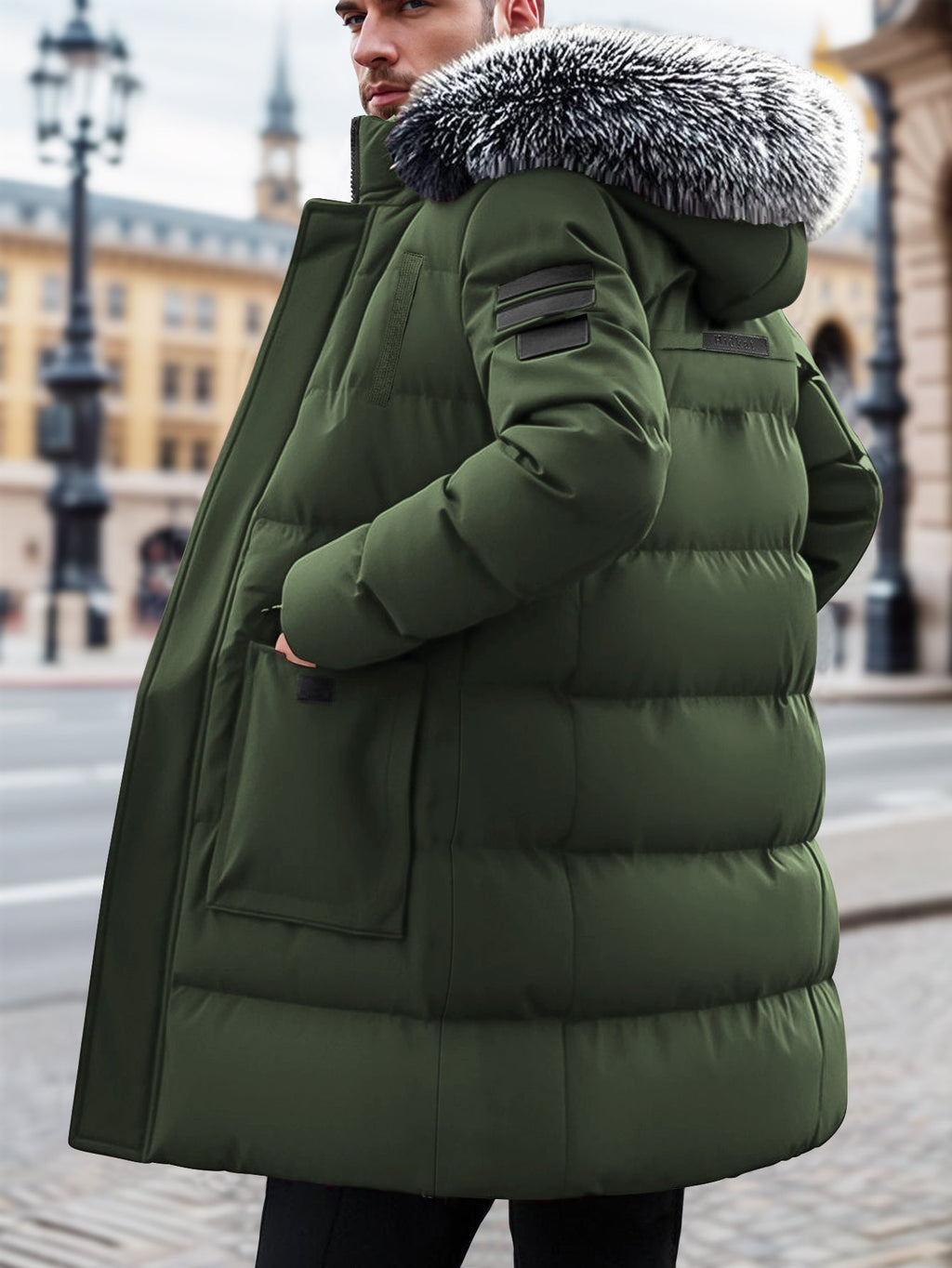 Pocket detail on the men's mid-length hooded parka