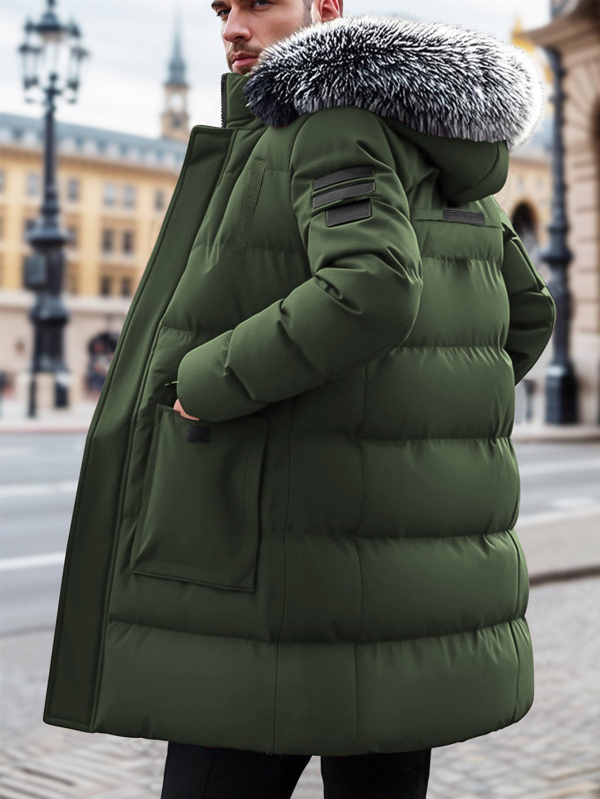 Pocket detail on the men's mid-length hooded parka