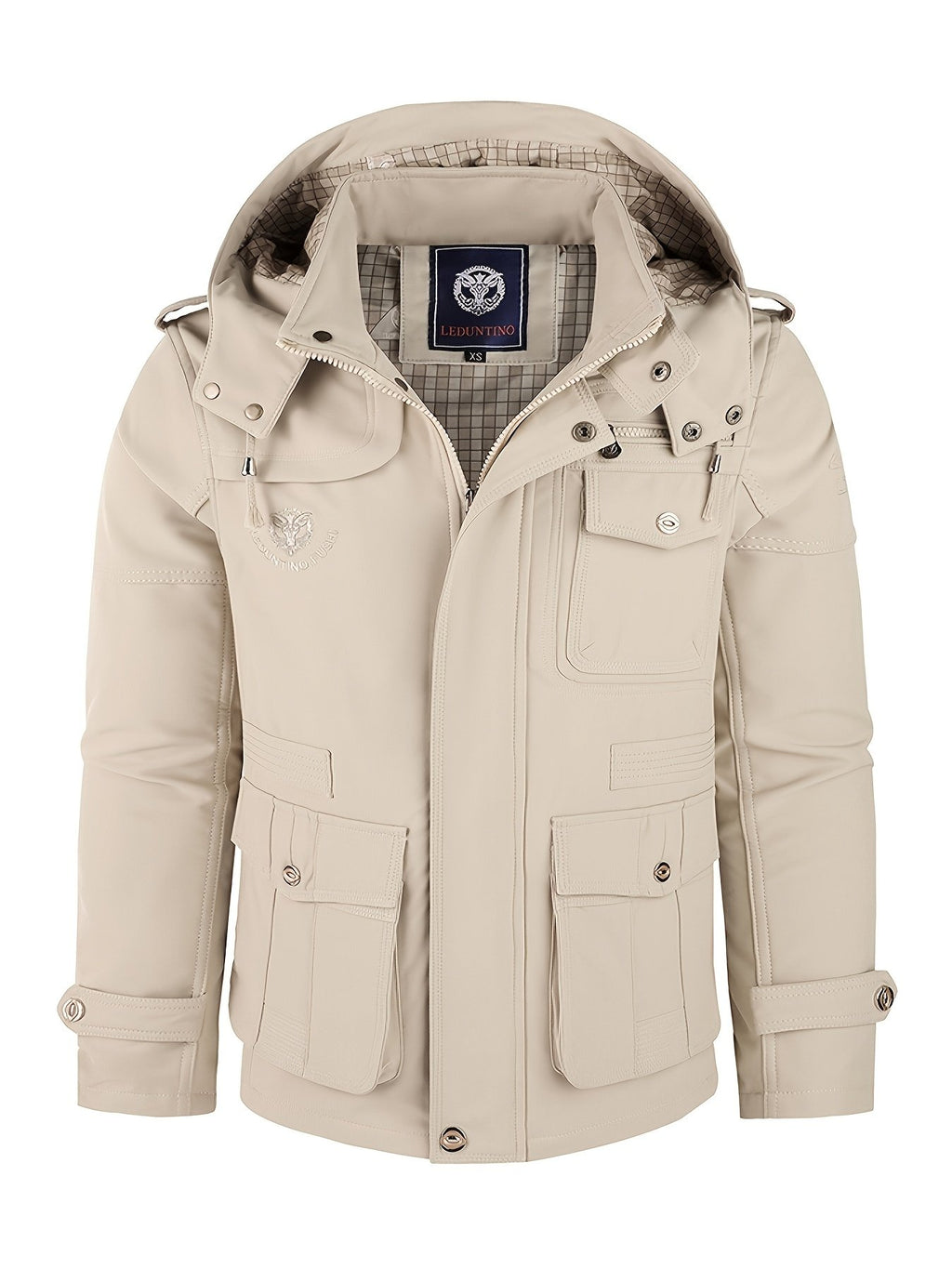 Men's softshell hooded jacket styled with jeans for cold weather