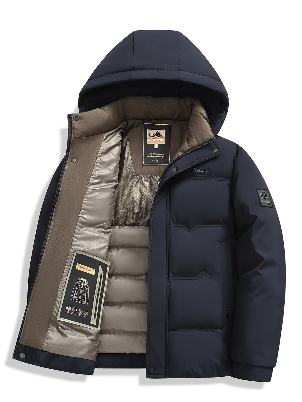 Pocket detail on the men's hooded business winter coat