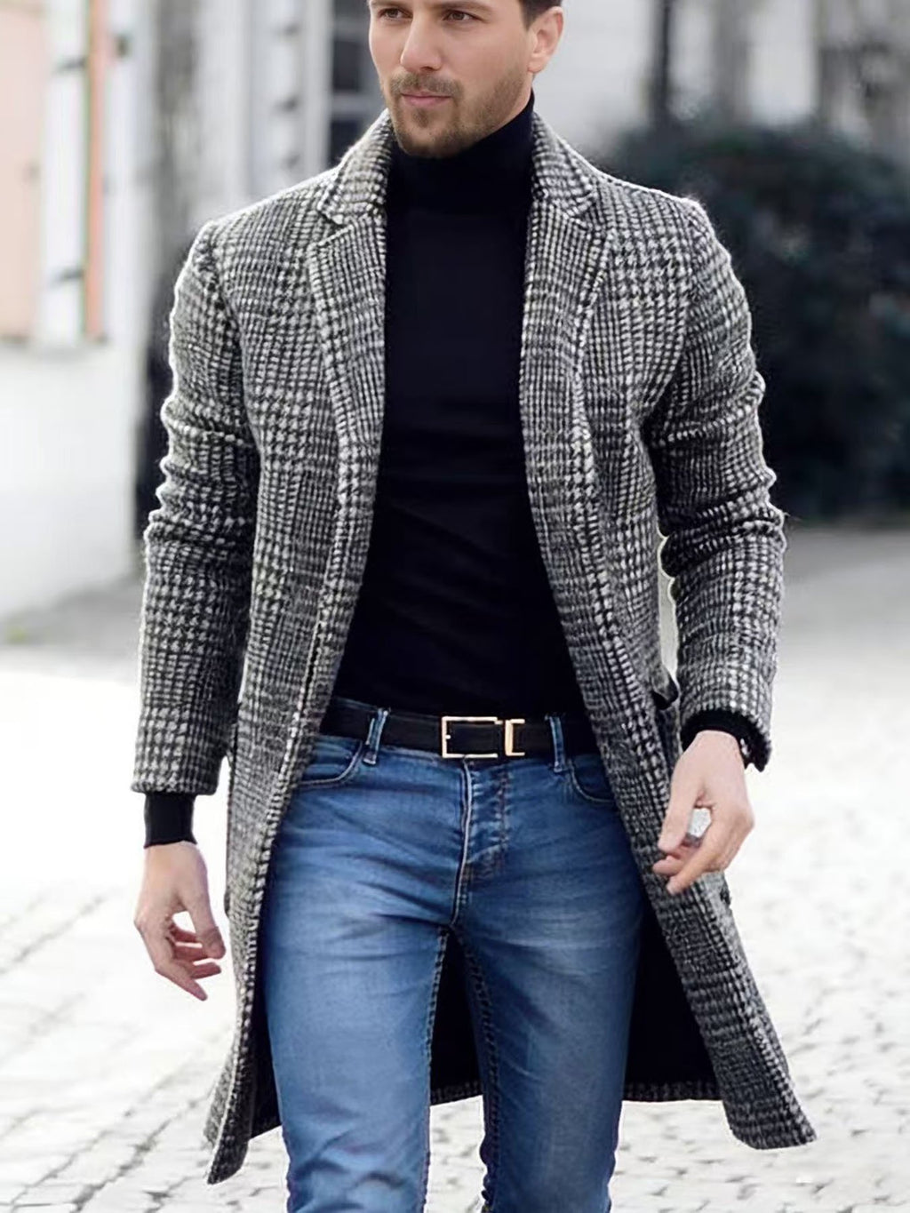 Men's houndstooth check coat styled with jeans for cold weather